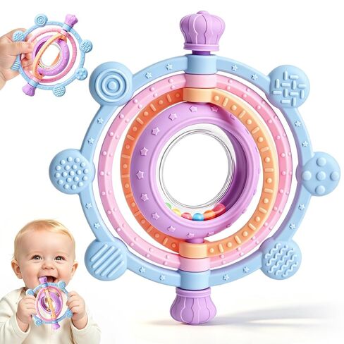 Baby Teething Ring Toys 3-6 6-12 Months, Silicone Teether Rattle Toys | BPA Free, Baby Chew Toys for Sucking Needs & Teething Relief, Shower Gifts for Newborns Infants in Kuwait