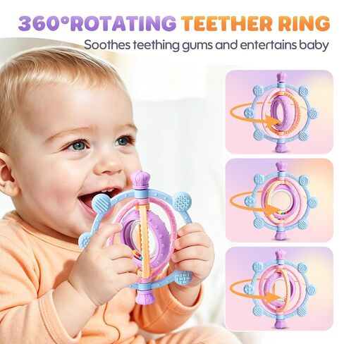 Baby Teething Ring Toys 3-6 6-12 Months, Silicone Teether Rattle Toys | BPA Free, Baby Chew Toys for Sucking Needs & Teething Relief, Shower Gifts for Newborns Infants in Kuwait