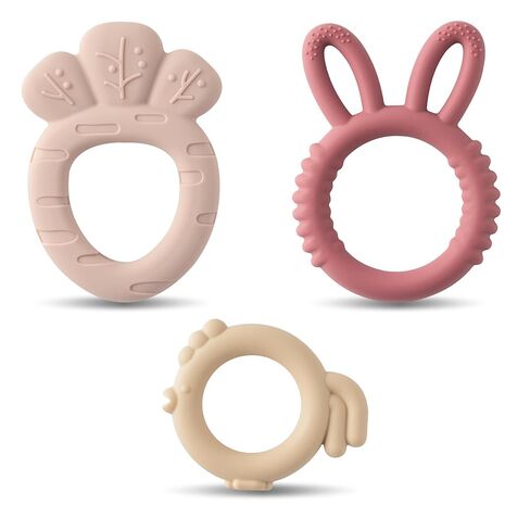 Silicone Teething Toy for Babies - 2ooya 3Pcs Pink Bear Lion Elephant Food Grade Rattle Teether Infant BPA Free Sore Gums Pain Teething Relief Chew Sensory Toy for Newborn Girl Baby Shower Birthday in Kuwait