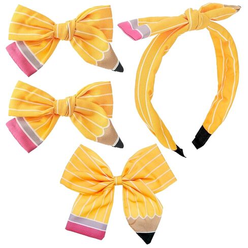 4Pcs Pencil Hair Bow Clips Headband Yellow Bow Hair Back to School Accessories Set for Girl First Day of School Students Outfits in Kuwait
