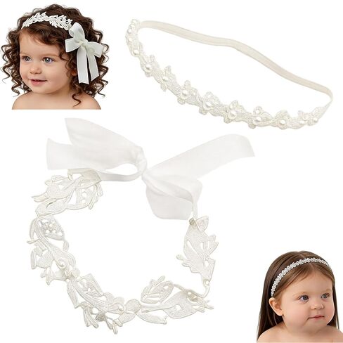2-Pack Flower Girl Headband Baptism Headband for Baby Girl, White Pearl Flower Girl Headpiece, Elastic Soft Lace Baby Flower Headbands for Newborn Infant Toddler in Kuwait