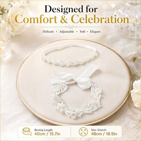 2-Pack Flower Girl Headband Baptism Headband for Baby Girl, White Pearl Flower Girl Headpiece, Elastic Soft Lace Baby Flower Headbands for Newborn Infant Toddler in Kuwait