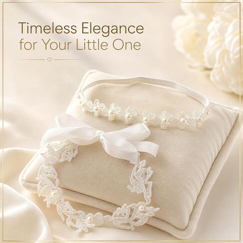 2-Pack Flower Girl Headband Baptism Headband for Baby Girl, White Pearl Flower Girl Headpiece, Elastic Soft Lace Baby Flower Headbands for Newborn Infant Toddler in Kuwait