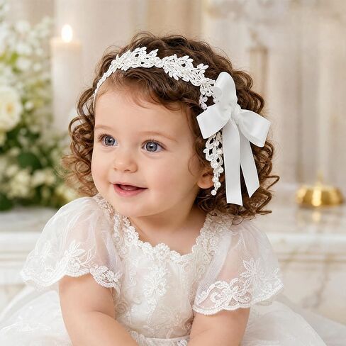 2-Pack Flower Girl Headband Baptism Headband for Baby Girl, White Pearl Flower Girl Headpiece, Elastic Soft Lace Baby Flower Headbands for Newborn Infant Toddler in Kuwait