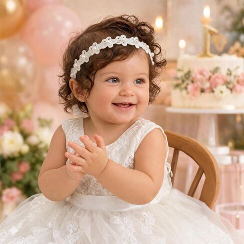 2-Pack Flower Girl Headband Baptism Headband for Baby Girl, White Pearl Flower Girl Headpiece, Elastic Soft Lace Baby Flower Headbands for Newborn Infant Toddler in Kuwait