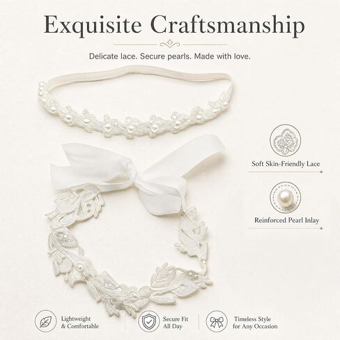 2-Pack Flower Girl Headband Baptism Headband for Baby Girl, White Pearl Flower Girl Headpiece, Elastic Soft Lace Baby Flower Headbands for Newborn Infant Toddler in Kuwait