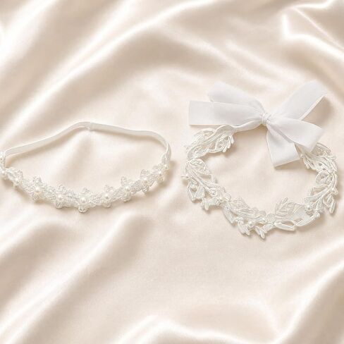 2-Pack Flower Girl Headband Baptism Headband for Baby Girl, White Pearl Flower Girl Headpiece, Elastic Soft Lace Baby Flower Headbands for Newborn Infant Toddler in Kuwait