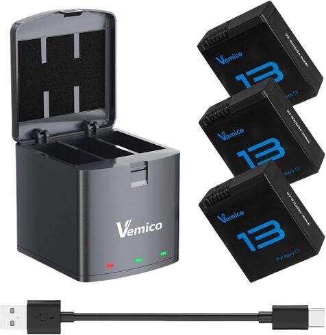 Vemico Hero 13 Battery Charger Kit 3x2100mAh Batteries and USB-C Charger | Compatible with Hero 13 Black Action Camera in Kuwait
