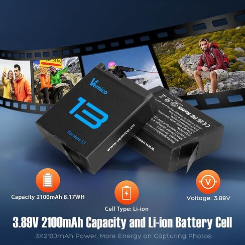 Vemico Hero 13 Battery Charger Kit 3x2100mAh Batteries and USB-C Charger | Compatible with Hero 13 Black Action Camera in Kuwait