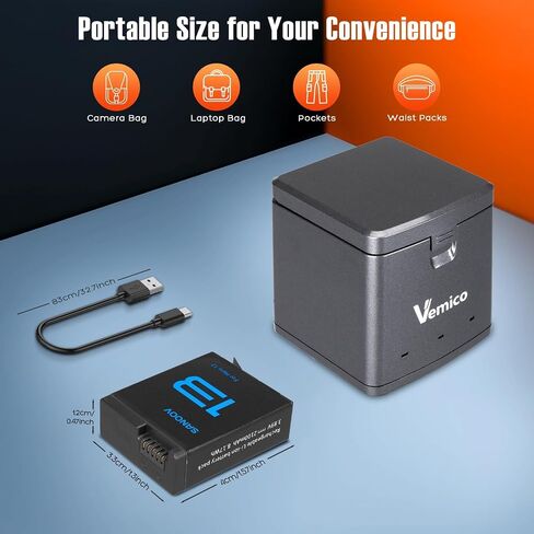 Vemico Hero 13 Battery Charger Kit 3x2100mAh Batteries and USB-C Charger | Compatible with Hero 13 Black Action Camera in Kuwait