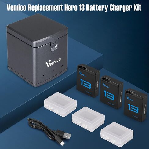 Vemico Hero 13 Battery Charger Kit 3x2100mAh Batteries and USB-C Charger | Compatible with Hero 13 Black Action Camera in Kuwait