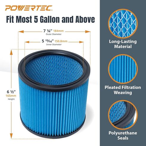 POWERTEC 90304 Cartridge Filters for Shop Vac, 90333, 90350, 9030433 Type U Replacement Filters, Fits Shop-Vac Most 5 Gallon and Above Wet/Dry Vacuum Cleaners, 1PK (75082) in Kuwait