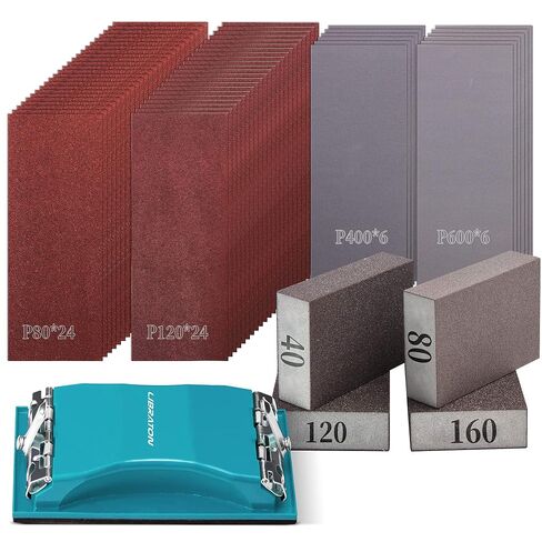 Sandpaper 65Pcs, Sand Paper, Sandpaper Assortment 80/120/400/600Grit | Assorted Sandpaper for Wood, Sanding Sponges, Sanding Handle, Heavy Grit Sandpaper Sheets for Wood, Metal, Wet & Dry Sanding in Kuwait