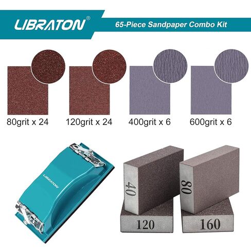 Sandpaper 65Pcs, Sand Paper, Sandpaper Assortment 80/120/400/600Grit | Assorted Sandpaper for Wood, Sanding Sponges, Sanding Handle, Heavy Grit Sandpaper Sheets for Wood, Metal, Wet & Dry Sanding in Kuwait