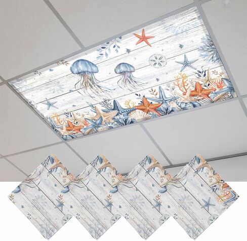 Fluorescent Light Covers, Jellyfish Coastal Magnetic Light Covers for Ceiling Lights, Summer Beach Coral Starfish Grey Wooden Fluorescent Ceiling Shade for Classroom Bedroom Office 4x2Ft x 2PCS in Kuwait