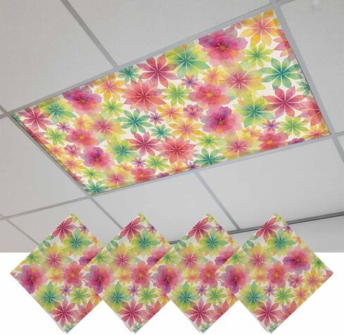 Fluorescent Light Covers, Colorful Spring Floral Magnetic Light Covers for Ceiling Lights, Watercolor Flowers Elegant Pastoral Fluorescent Ceiling Shade for Classroom Bedroom Office 4x2Ft x 4PCS in Kuwait