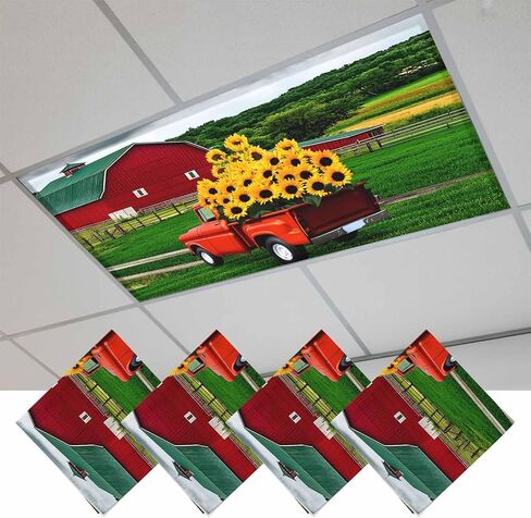 Fluorescent Light Covers, Yellow Sunflower Magnetic Light Covers for Ceiling Lights, Red Barn Truck Farmhouse Modern Art Fluorescent Ceiling Shade Filters for Classroom Bedroom Office 4x2Ft x 4PCS in Kuwait