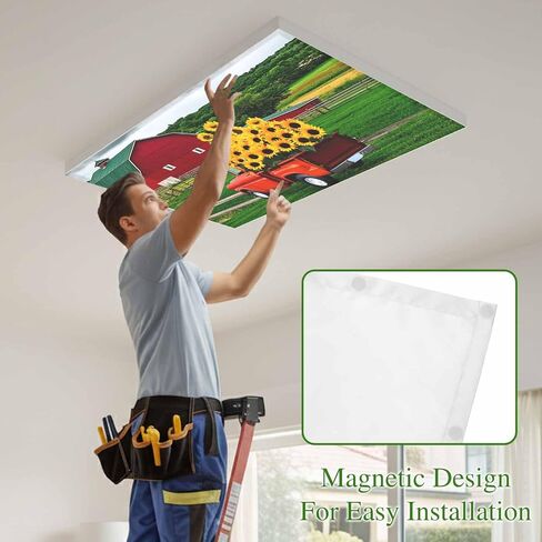 Fluorescent Light Covers, Yellow Sunflower Magnetic Light Covers for Ceiling Lights, Red Barn Truck Farmhouse Modern Art Fluorescent Ceiling Shade Filters for Classroom Bedroom Office 4x2Ft x 4PCS in Kuwait