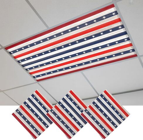 Fluorescent Light Covers, 4th of July Magnetic Light Covers for Ceiling Lights, Independent Day Retro Red Blue Stars Wood Grain Fluorescent Ceiling Shade for Classroom Bedroom Office 4x2Ft x 4PCS in Kuwait