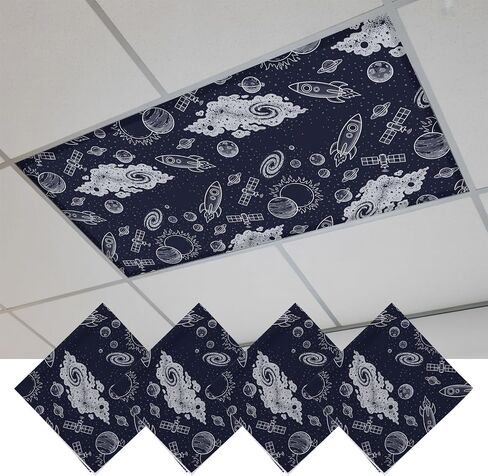 Fluorescent Light Covers, Navy Blue Rocket Spaceship Magnetic Light Covers for Ceiling Lights, Cartoon Modern Abstract Art Fluorescent Ceiling Shade Filters for Classroom Bedroom Office 4x2Ft x 2PCS in Kuwait