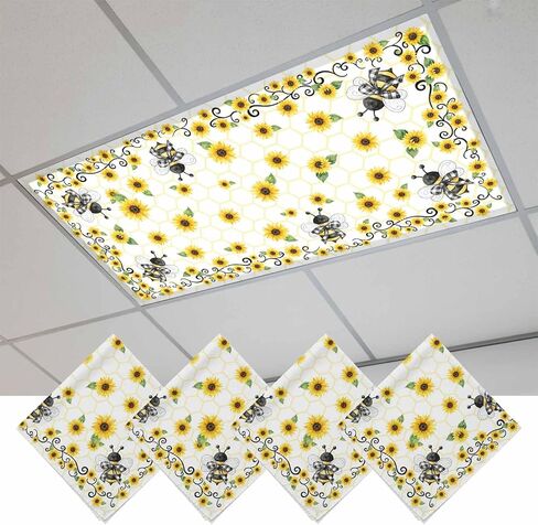 Fluorescent Light Covers, Sunflowers Bee Magnetic Light Covers for Ceiling Lights, Summer Watercolor Farmhouse Country Floral Fluorescent Ceiling Shade for Classroom Bedroom Office 4x2Ft x 1PCS in Kuwait