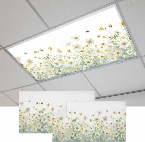 Fluorescent Light Covers, Farmhouse Chrysanthemums Magnetic Light Covers for Ceiling Lights, Wildflowers Watercolor Floral Bees Fluorescent Ceiling Shade for Classroom Bedroom Office 4x2Ft x 2PCS in Kuwait