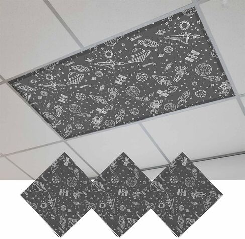 Fluorescent Light Covers, Grey Cartoon Space Magnetic Light Covers for Ceiling Lights, Star Spacecraft Rocket Meteorite Fluorescent Ceiling Shade Filters for Classroom Bedroom Office 4x2Ft x 3PCS in Kuwait
