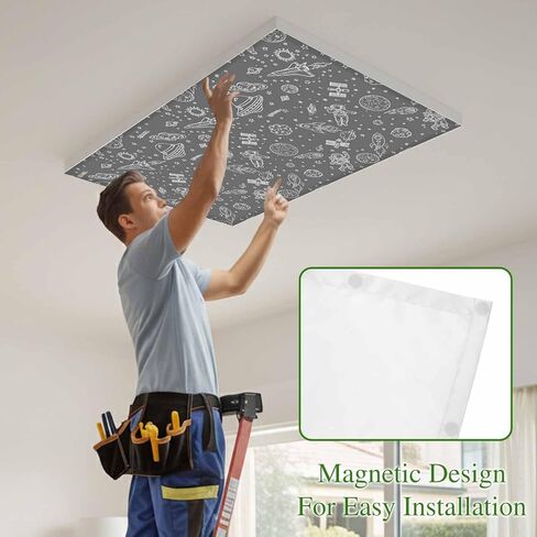 Fluorescent Light Covers, Grey Cartoon Space Magnetic Light Covers for Ceiling Lights, Star Spacecraft Rocket Meteorite Fluorescent Ceiling Shade Filters for Classroom Bedroom Office 4x2Ft x 3PCS in Kuwait