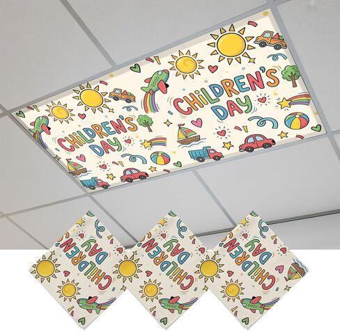 Fluorescent Light Covers, Colorful Children's Day Magnetic Light Covers for Ceiling Lights, Car Tree Stars Modern Abstract Art Fluorescent Ceiling Shade for Classroom Bedroom Office 4x2Ft x 4PCS in Kuwait