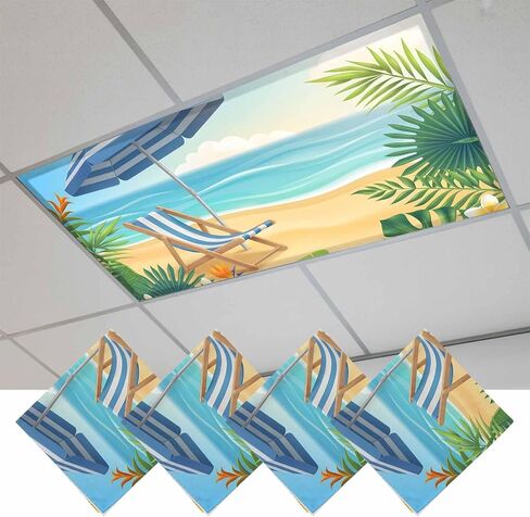 Fluorescent Light Covers, Coastal Beach Magnetic Light Covers for Ceiling Lights, Cartoon Summer Ocean Chairs Sky Blue Waves Fluorescent Ceiling Shade Filters for Classroom Bedroom Office 4x2Ft x 4PCS in Kuwait