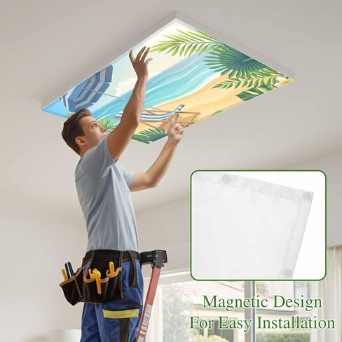 Fluorescent Light Covers, Coastal Beach Magnetic Light Covers for Ceiling Lights, Cartoon Summer Ocean Chairs Sky Blue Waves Fluorescent Ceiling Shade Filters for Classroom Bedroom Office 4x2Ft x 4PCS in Kuwait