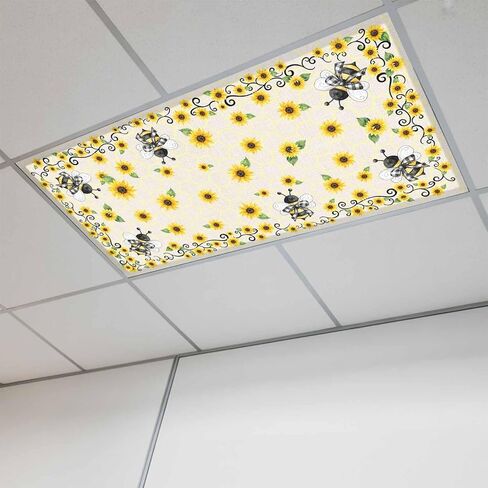 Fluorescent Light Covers, Sunflowers Bee Magnetic Light Covers for Ceiling Lights, Summer Watercolor Farmhouse Country on Linen Fluorescent Ceiling Shade for Classroom Bedroom Office 4x2Ft x 1PCS in Kuwait