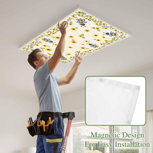 Fluorescent Light Covers, Sunflowers Bee Magnetic Light Covers for Ceiling Lights, Summer Watercolor Farmhouse Country on Linen Fluorescent Ceiling Shade for Classroom Bedroom Office 4x2Ft x 1PCS in Kuwait
