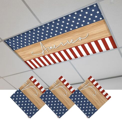 Fluorescent Light Covers, 4th of July Magnetic Light Covers for Ceiling Lights, Independence Day Blue Stars Red Striped Brown Fluorescent Ceiling Shade for Classroom Bedroom Office 4x2Ft x 1PCS in Kuwait