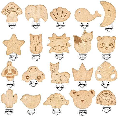 20 Pieces Wood Pacifier Clips Toy Suspender Clips Charm DIY Pacifier Holder for Baby Toddler Teething Grasping Accessory in Kuwait