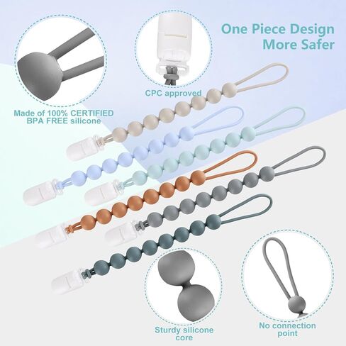 6-Pack Silicone Pacifier Clips for Baby Boys and Girls - One-Piece Beads, Rust-Free Holders, Teething Relief, Baby Necessities, Newborn Safe Baby Essentials in Kuwait