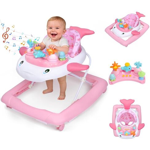 Baby Walker with Wheels, Music and Lights Foldable Baby Walker, 3 Adjustable Heights, Activity Walker for Baby Boy and Girl 6-18 Months, Pink Print in Kuwait