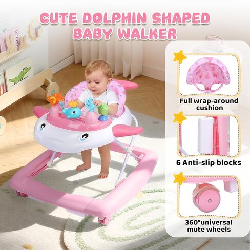 Baby Walker with Wheels, Music and Lights Foldable Baby Walker, 3 Adjustable Heights, Activity Walker for Baby Boy and Girl 6-18 Months, Pink Print in Kuwait