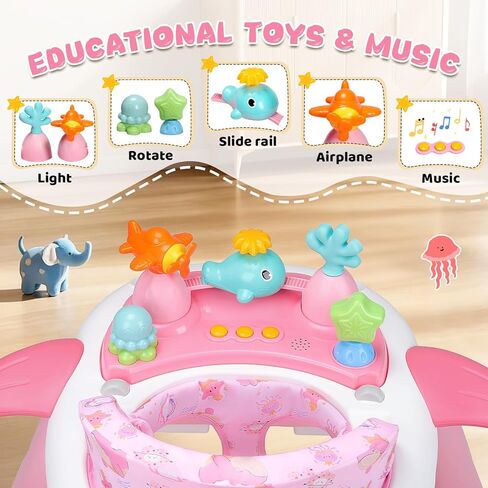 Baby Walker with Wheels, Music and Lights Foldable Baby Walker, 3 Adjustable Heights, Activity Walker for Baby Boy and Girl 6-18 Months, Pink Print in Kuwait