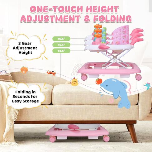 Baby Walker with Wheels, Music and Lights Foldable Baby Walker, 3 Adjustable Heights, Activity Walker for Baby Boy and Girl 6-18 Months, Pink Print in Kuwait