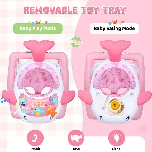 Baby Walker with Wheels, Music and Lights Foldable Baby Walker, 3 Adjustable Heights, Activity Walker for Baby Boy and Girl 6-18 Months, Pink Print in Kuwait