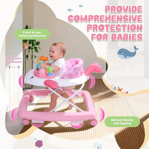 Baby Walker with Wheels, Music and Lights Foldable Baby Walker, 3 Adjustable Heights, Activity Walker for Baby Boy and Girl 6-18 Months, Pink Print in Kuwait