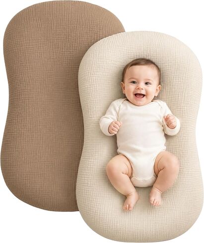 2 Pack Muslin Baby Lounger Covers for Snuggle Me, 100% Cotton, Brown/Beige | Soft & Breathable Infant Nest Slipcovers for Newborn. Machine Washable. Secure Envelope Closure (No Insert) for Quick Swaps. in Kuwait