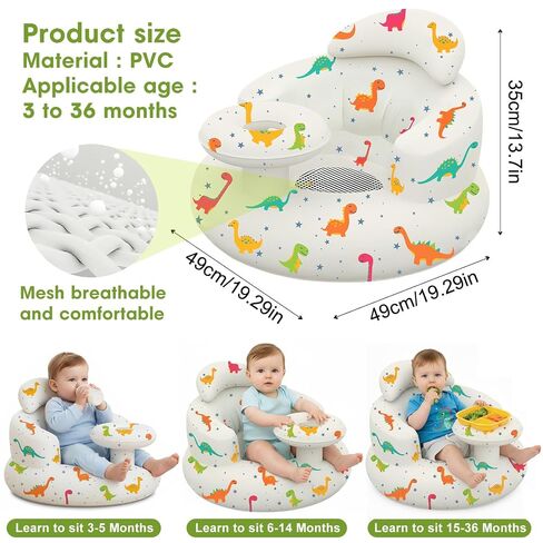 Inflatable Baby Seat with Tray and Built-in Air Pump, Dinosaur | 3-36 Months, Baby Floor Seat for Sitting Up, Portable, For Feeding, Travel, Beach in Kuwait