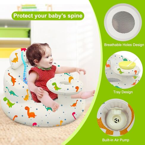 Inflatable Baby Seat with Tray and Built-in Air Pump, Dinosaur | 3-36 Months, Baby Floor Seat for Sitting Up, Portable, For Feeding, Travel, Beach in Kuwait