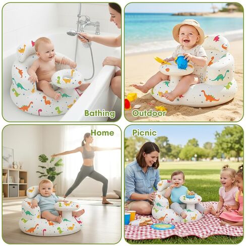 Inflatable Baby Seat with Tray and Built-in Air Pump, Dinosaur | 3-36 Months, Baby Floor Seat for Sitting Up, Portable, For Feeding, Travel, Beach in Kuwait
