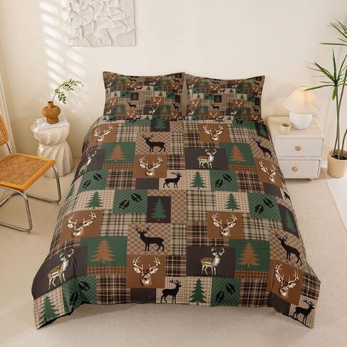 Feelyou Wild Deer Duvet Cover Toddler Size Farmhouse Theme Bedding Set for Boys Girls Vintage Retro Comforter Cover Green Brown Checkered Bedroom Decor 2Pcs No Comforter with 1 Pillowcase in Kuwait