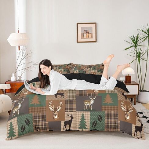 Feelyou Wild Deer Duvet Cover Toddler Size Farmhouse Theme Bedding Set for Boys Girls Vintage Retro Comforter Cover Green Brown Checkered Bedroom Decor 2Pcs No Comforter with 1 Pillowcase in Kuwait