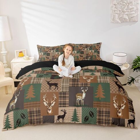 Feelyou Wild Deer Duvet Cover Toddler Size Farmhouse Theme Bedding Set for Boys Girls Vintage Retro Comforter Cover Green Brown Checkered Bedroom Decor 2Pcs No Comforter with 1 Pillowcase in Kuwait