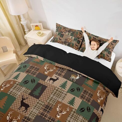 Feelyou Wild Deer Duvet Cover Toddler Size Farmhouse Theme Bedding Set for Boys Girls Vintage Retro Comforter Cover Green Brown Checkered Bedroom Decor 2Pcs No Comforter with 1 Pillowcase in Kuwait